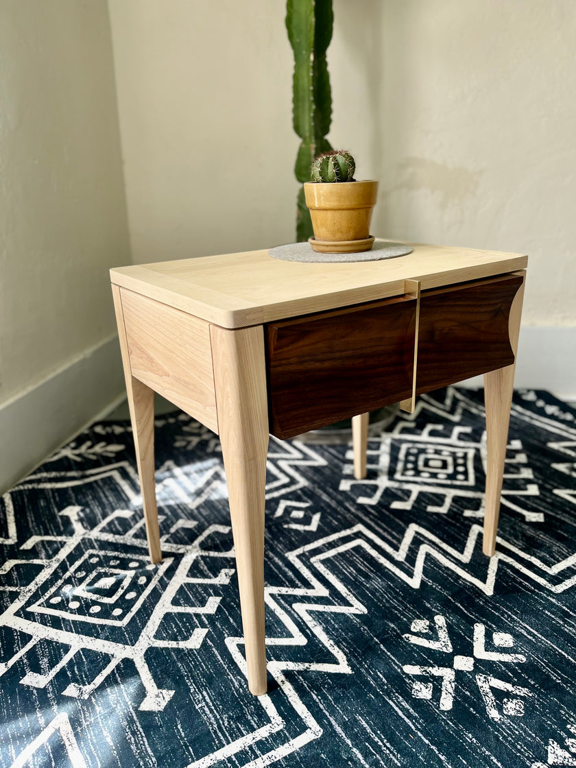 The Luna - Handcrafted Walnut & Ash Side Table with Brass Detail | Mid-Century Modern Nightstand