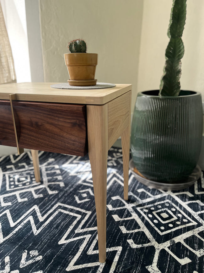 The Luna - Handcrafted Walnut & Ash Side Table with Brass Detail | Mid-Century Modern Nightstand