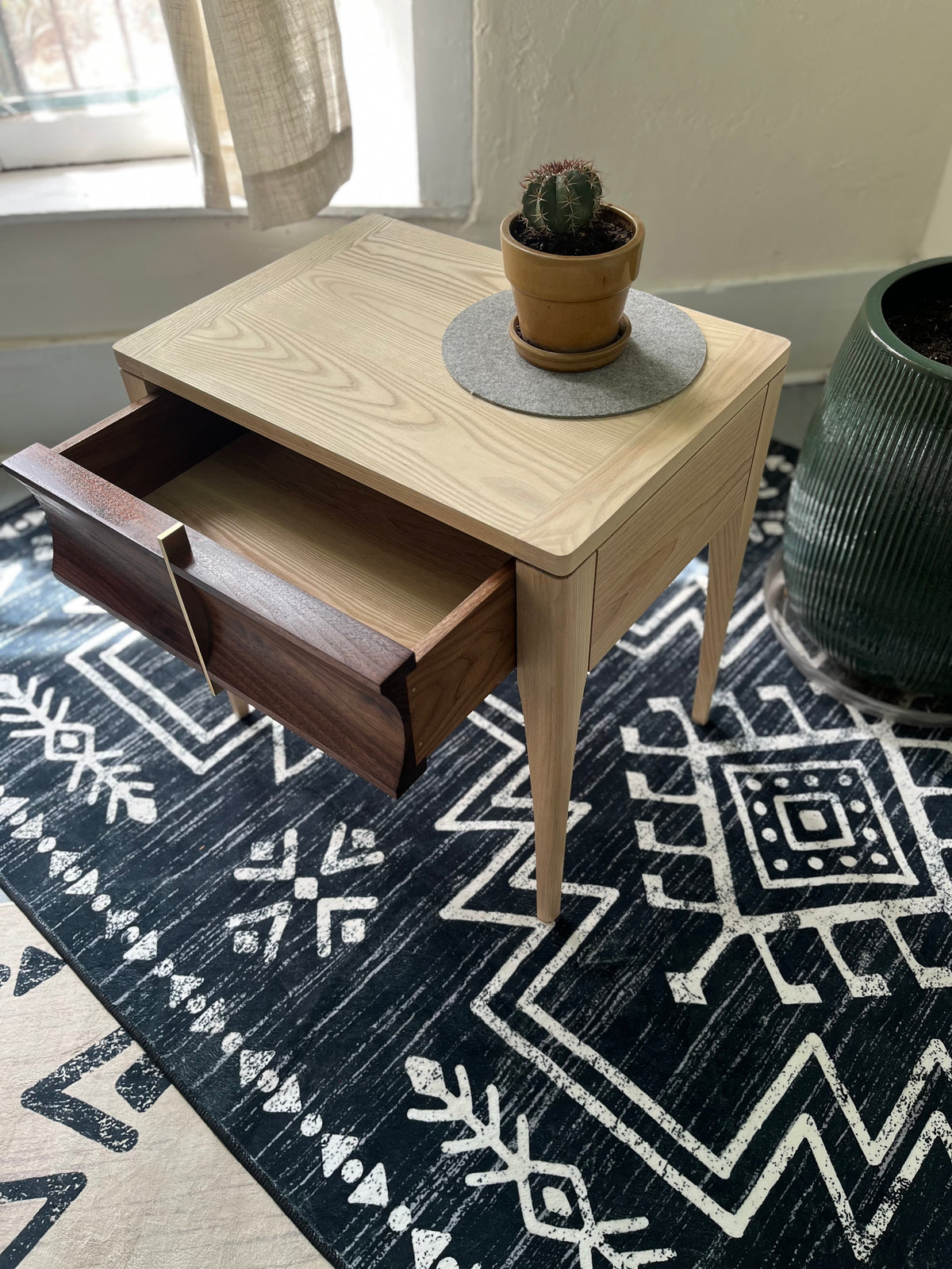 The Luna - Handcrafted Walnut & Ash Side Table with Brass Detail | Mid-Century Modern Nightstand