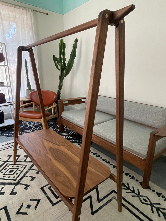 The Basecamp - Handmade Solid Wood A-Frame Wardrobe – Brass Pins, Shelf, Modern Garment Stand