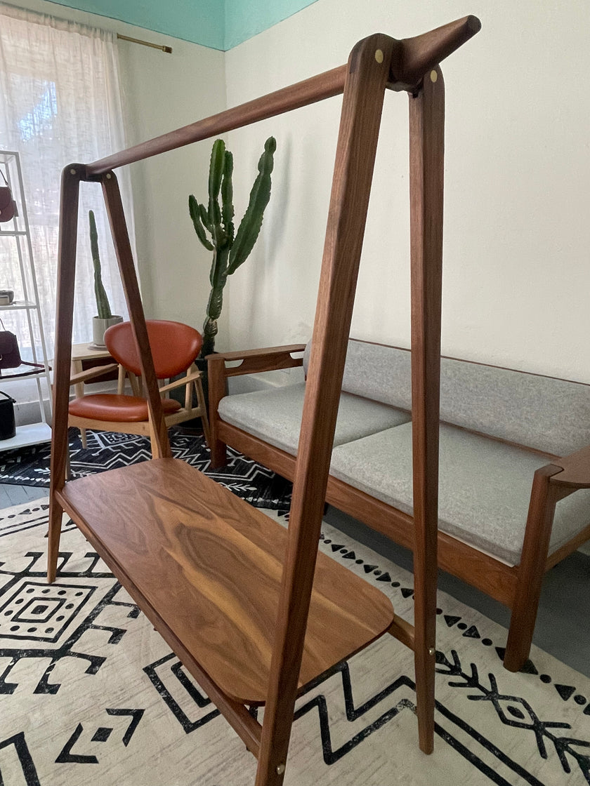 The Basecamp - Handmade Solid Wood A-Frame Wardrobe – Brass Pins, Shelf, Modern Garment Stand